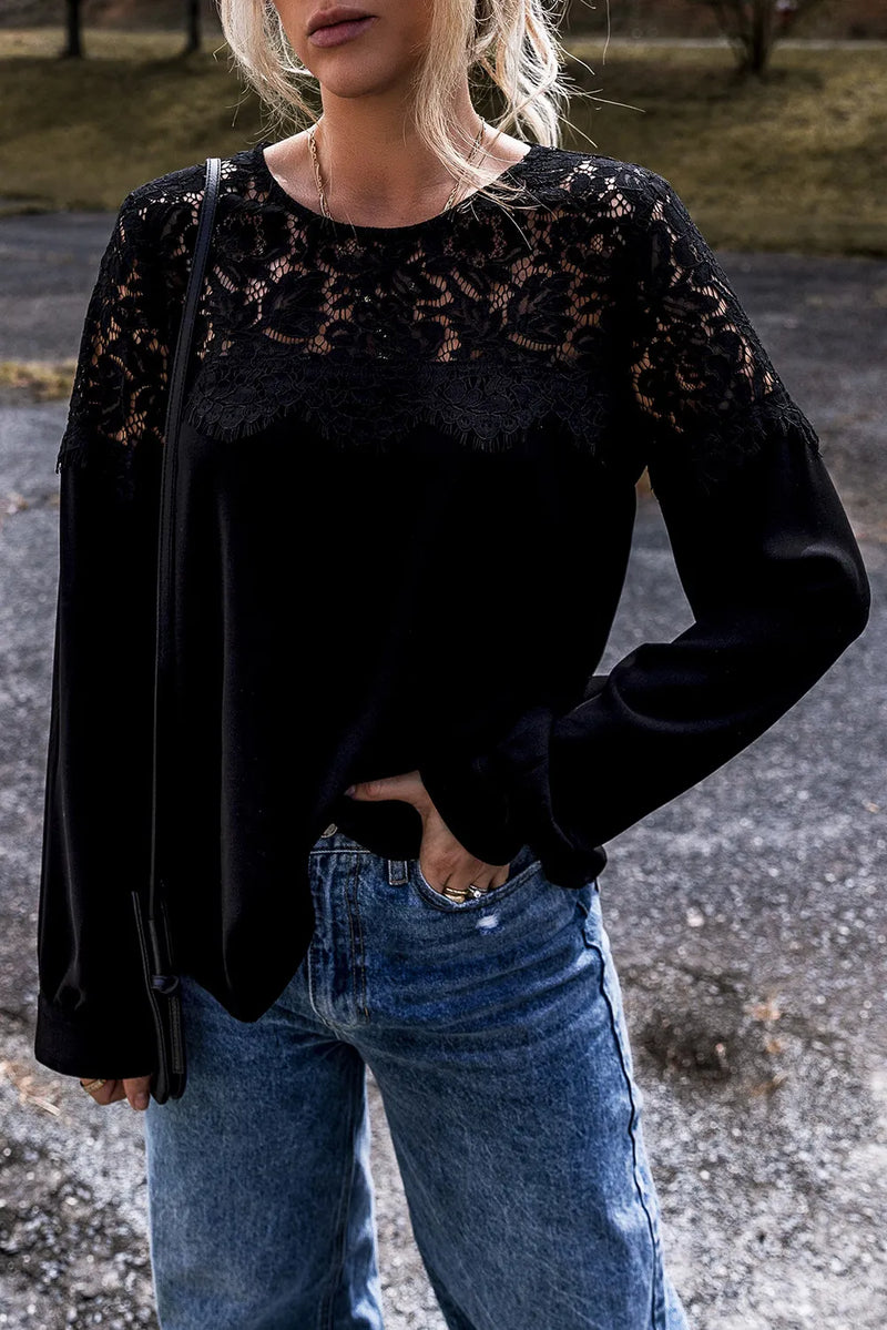 Lace Round Neck Long Sleeve Blouse