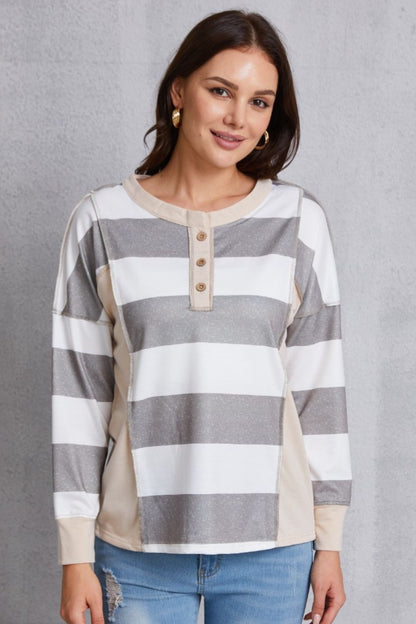 Striped Exposed Seam Buttoned T-Shirt