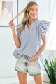 First Love Full Size Striped Flutter Sleeve Blouse Blue
