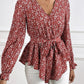 Printed V-Neck Tie Front Flounce Sleeve Blouse