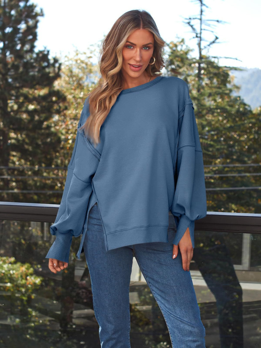 Slit Round Neck Long Sleeve Sweatshirt Dusty Blue