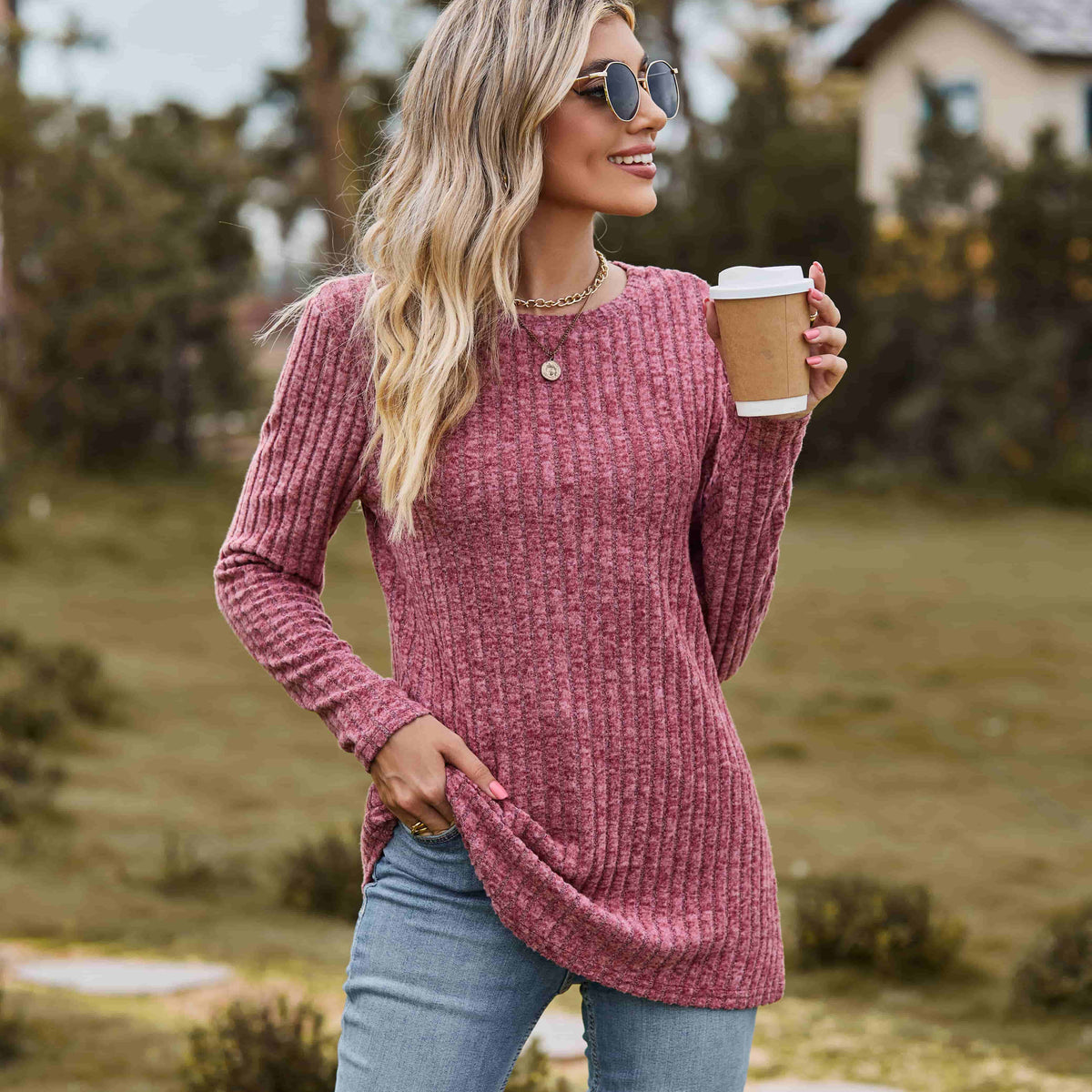 Ribbed Round Neck Long Sleeve Tee Hot Pink