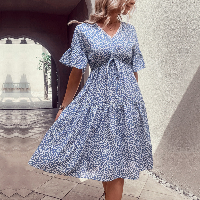 Floral Flounce Sleeve V-Neck Dress Light Blue M