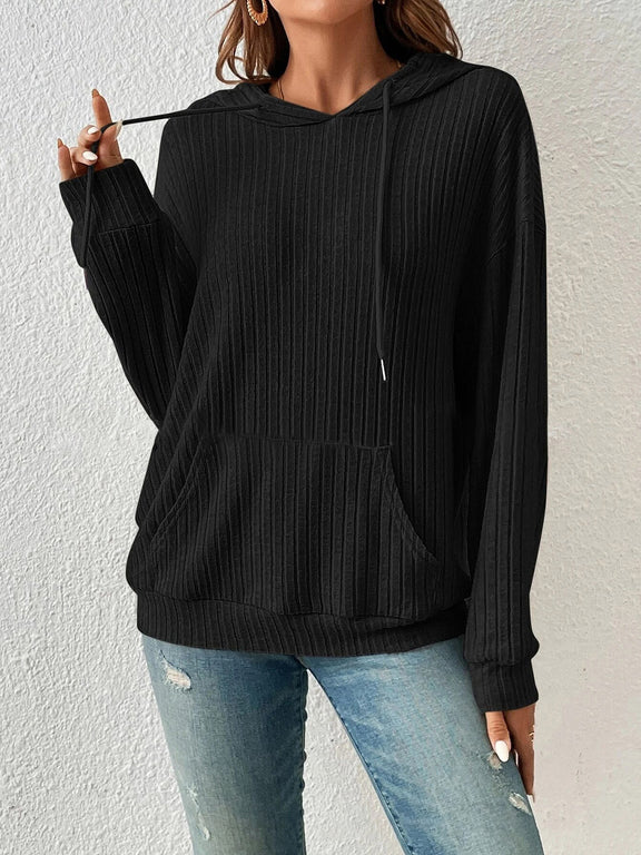 Ribbed Dropped Shoulder Drawstring Hoodie Black