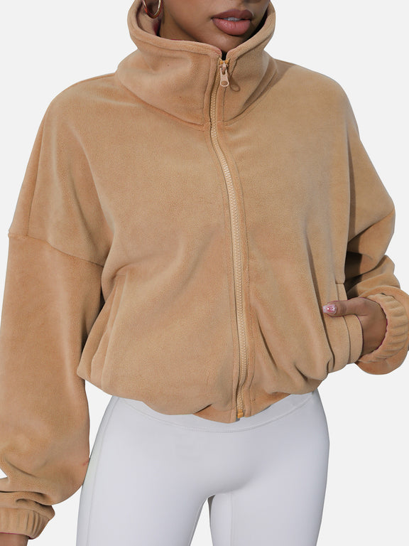 Drawstring Turtleneck Zip Up Long Sleeve Jacket Tan