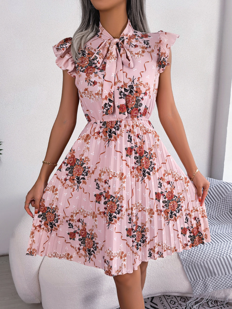 Pleated Floral Printed Tie Neck Knee Length Dress Blush Pink
