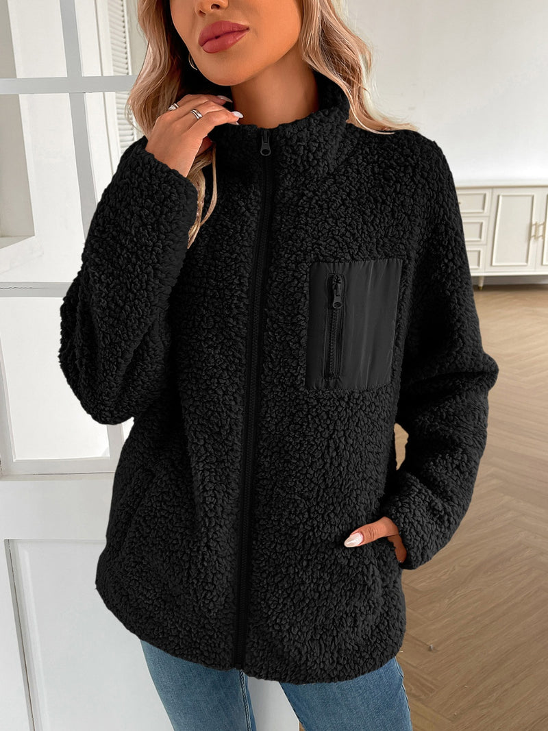 Ivy Lane Zip Up Long Sleeve Fuzzy Jacket Black