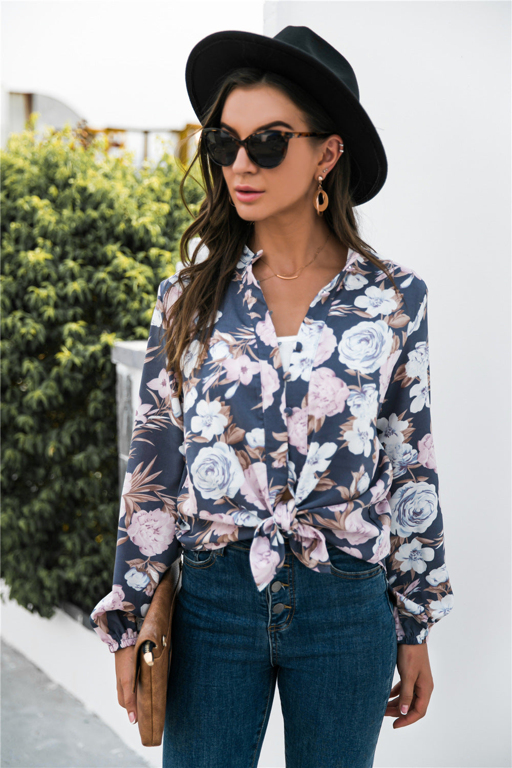 Floral Print Mock Neck Button Front Shirt Navy
