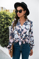 Floral Print Mock Neck Button Front Shirt Navy