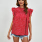 Ruffled Ditsy Floral Mock Neck Cap Sleeve Blouse