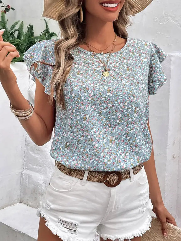 Ditsy Floral Round Neck Cap Sleeve Top Light Blue
