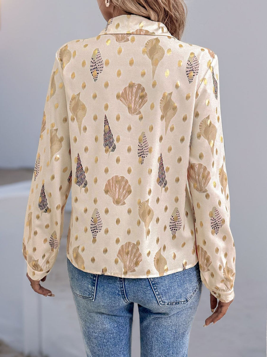 Perfee Printed Collared Neck Long Sleeve Shirt