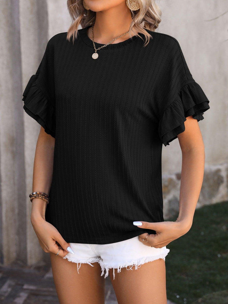 Mandy Ruffled Round Neck Short Sleeve Blouse Black