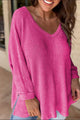 Side Slit V-Neck Long Sleeve Top Hot Pink