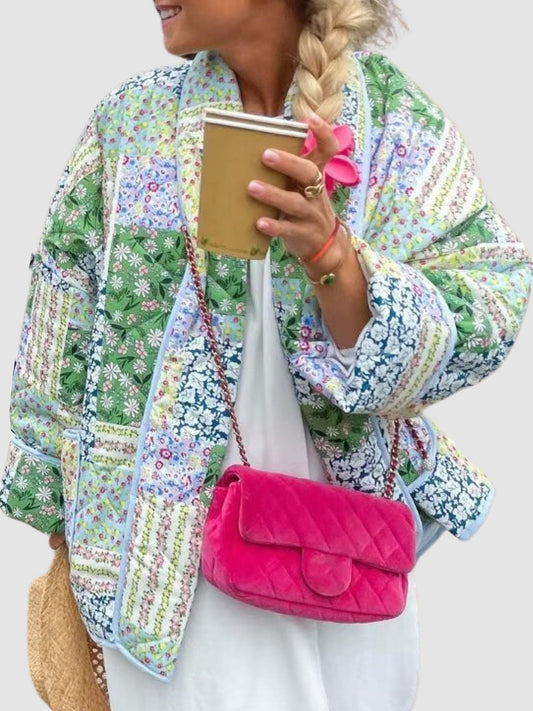 Printed Patchwork Open Front Cardigan with Pockets