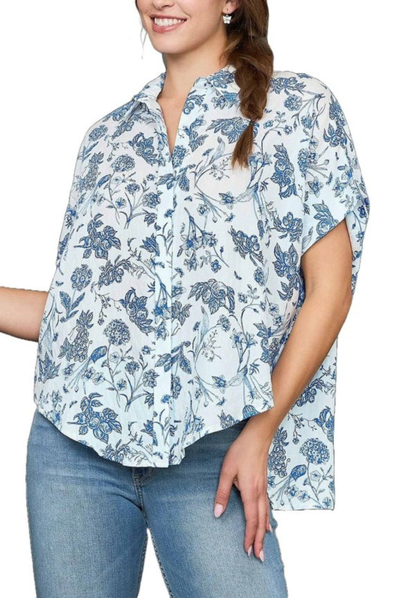 Umgee Full Size Two Tone Floral Print Top Plus Size Royal Blue