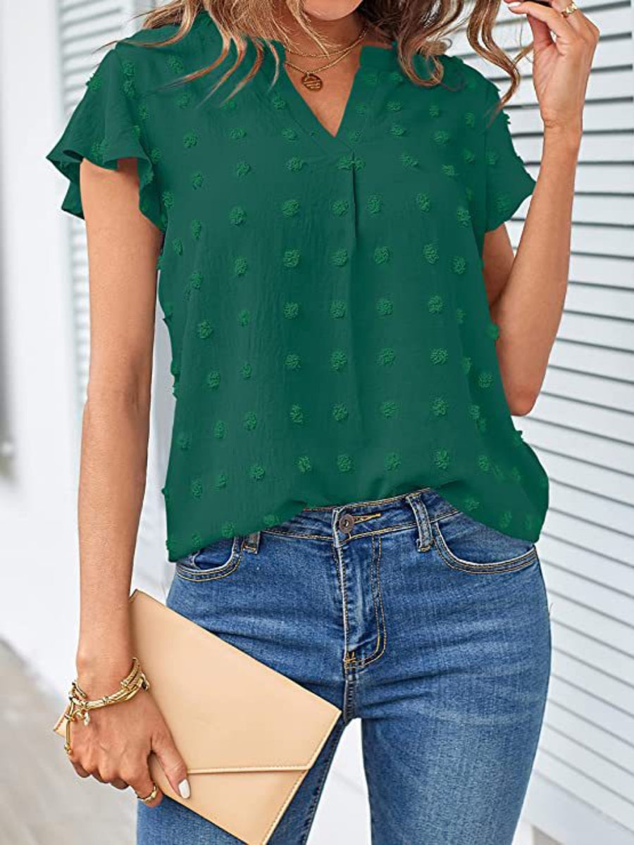 Swiss Dot Notched Cap Sleeve Blouse Dark Green