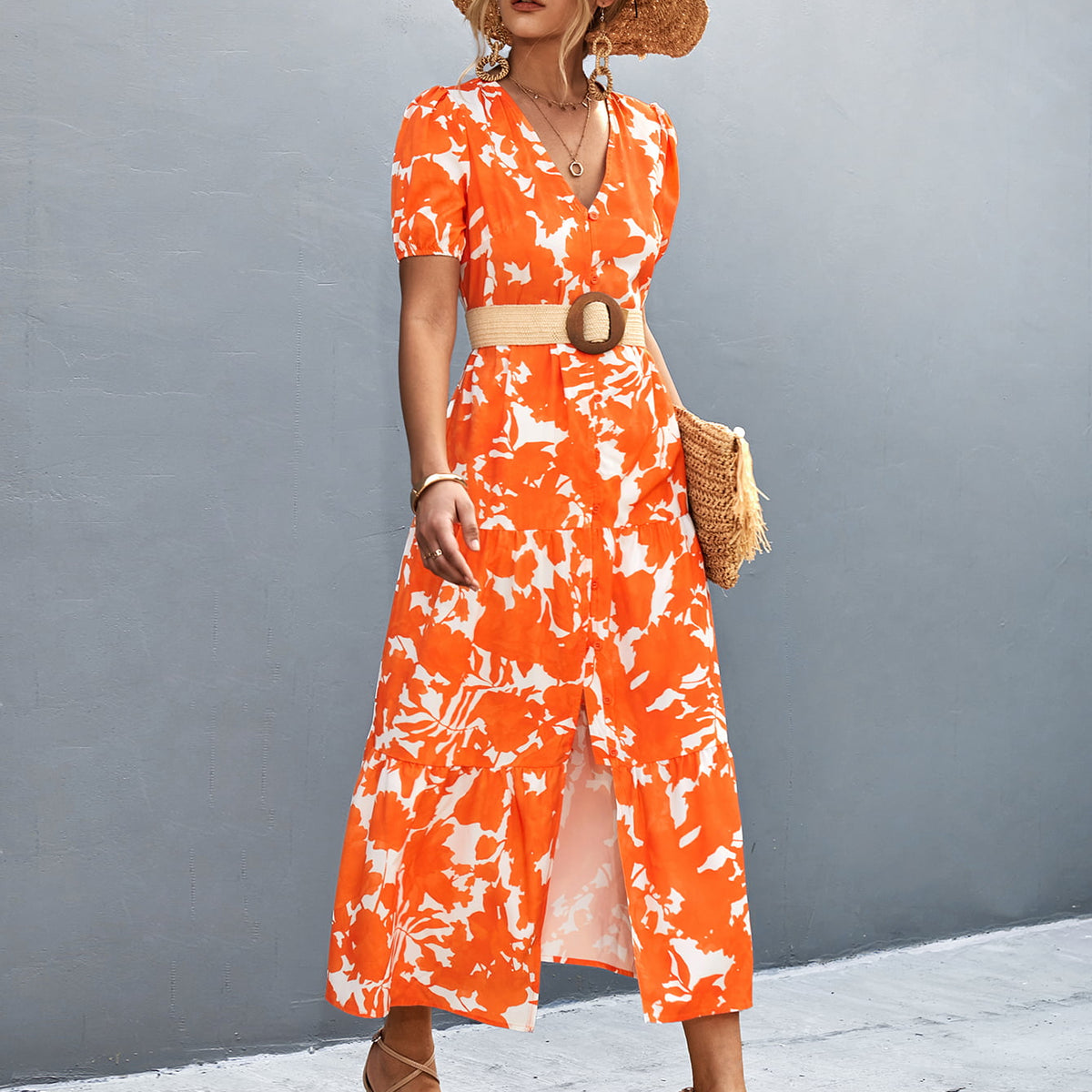 V-Neck Short Sleeve High Slit Midi Dress