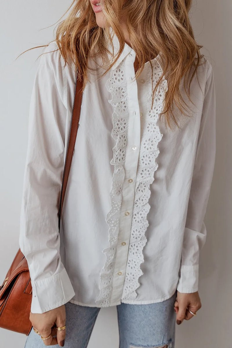 Eyelet Button Down Long Sleeve Shirt White