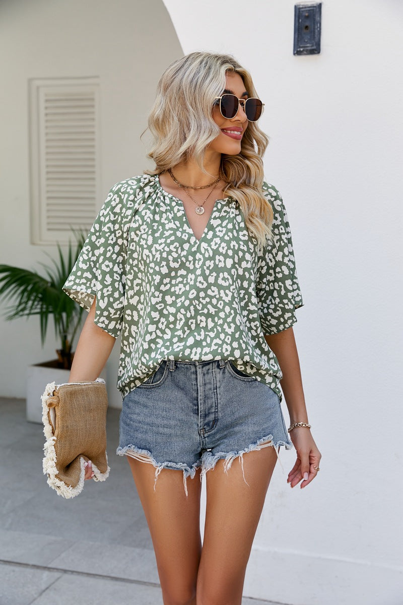 Leopard Notched Half Sleeve Blouse Army Green