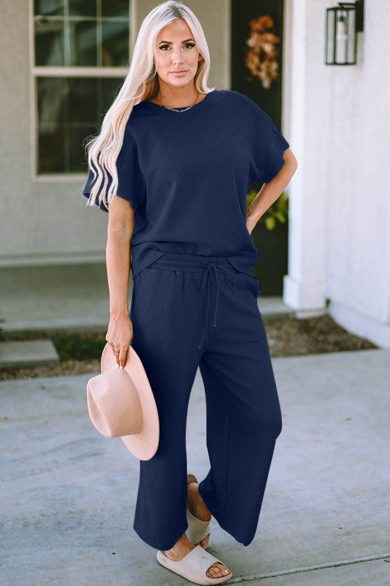 Short Sleeve Top and Pants Set Dark Blue