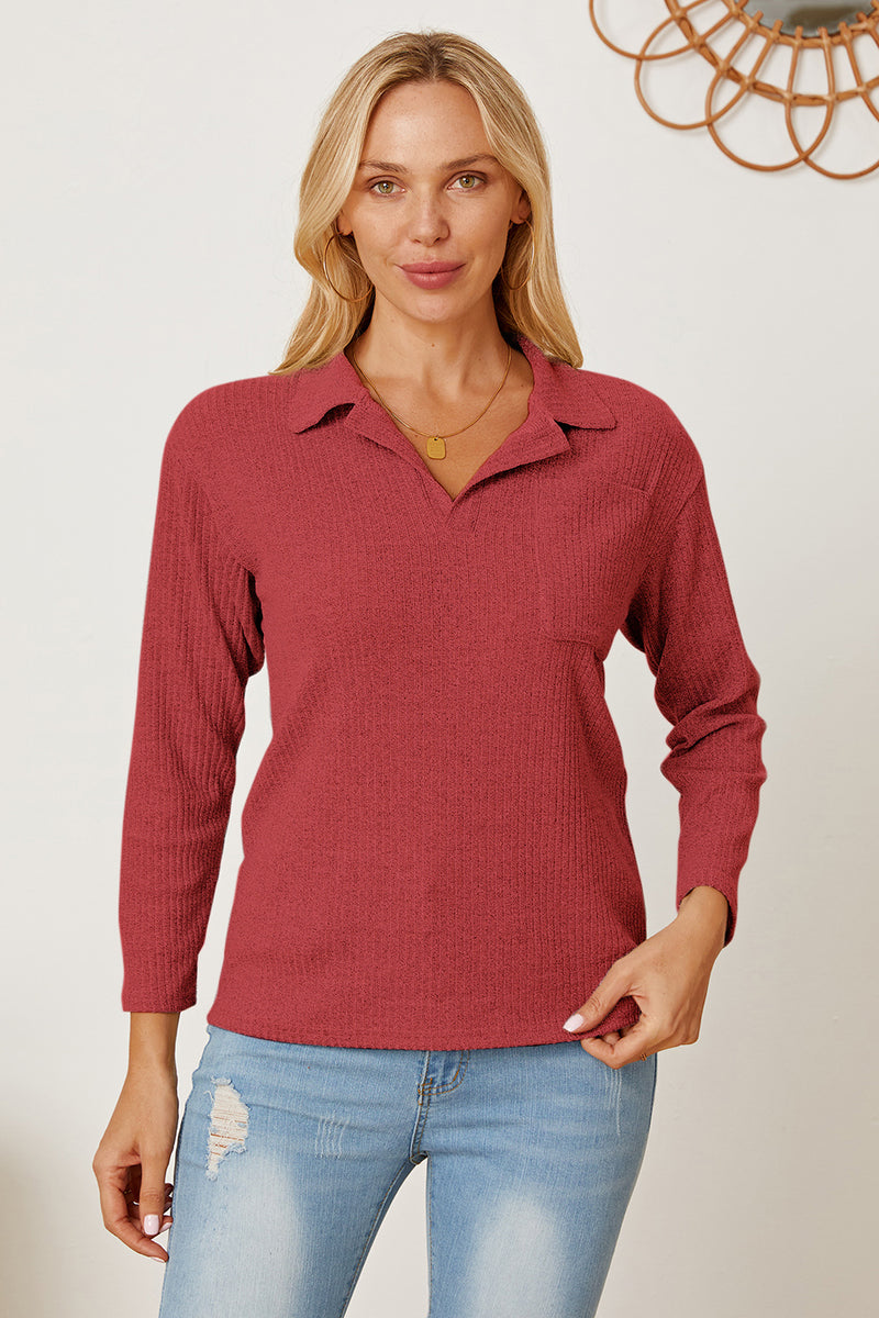 Collared Neck Dropped Shoulder T-Shirt Deep Red