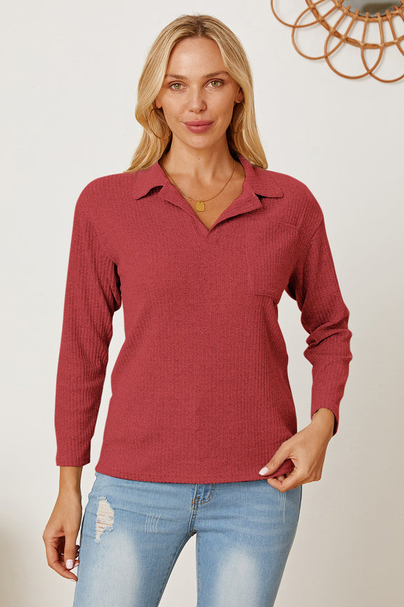 Collared Neck Dropped Shoulder T-Shirt Deep Red