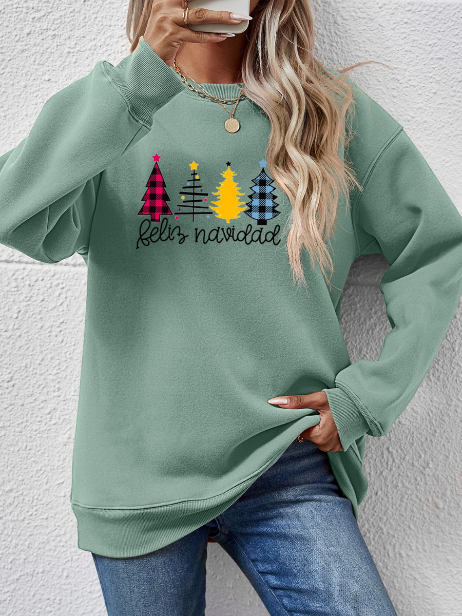 Round Neck Graphic Long Sleeve Sweatshirt Sage