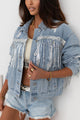 Sequin Fringe Trim Distressed Button Up Denim Jacket Medium