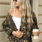 Pocketed Leopard Long Sleeve Denim Jacket