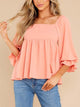 Smocked Square Neck Flounce Sleeve Blouse Watermelon pink