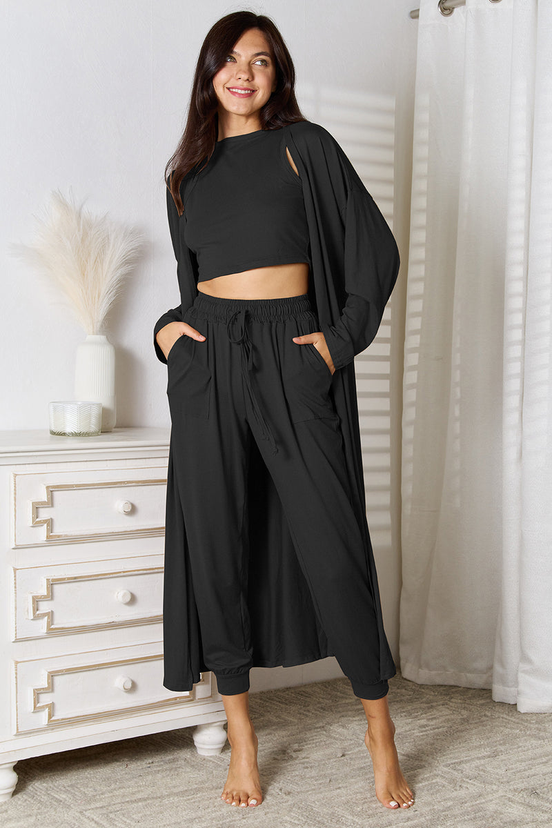 Tank, Pants, and Cardigan Set with Pockets Black
