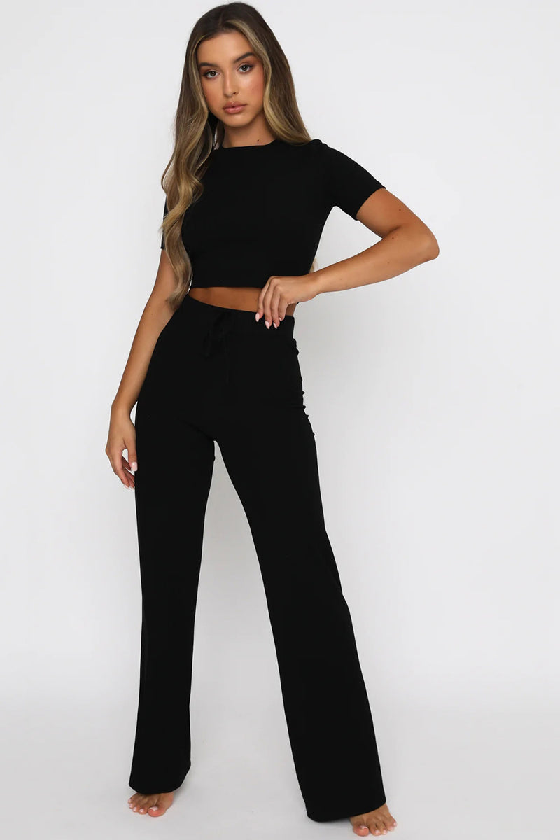 Round Neck Short Sleeve Top and Pants Set Black