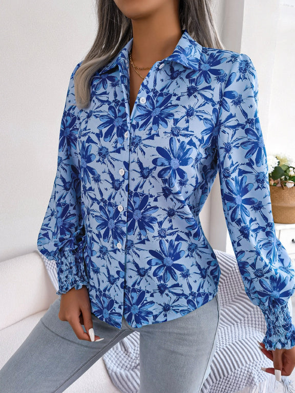 Floral Collared Neck Long Sleeve Shirt Royal Blue