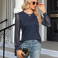 Waffle-Knit Round Neck Long Sleeve Blouse