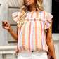 Ruffled Striped Round Neck Cap Sleeve Blouse