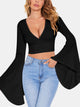 Plunge Flare Sleeve Cropped Top Black