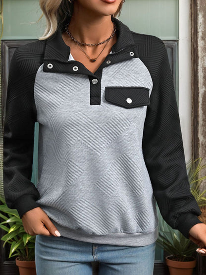 Perfee Contrast Textured Long Sleeve Sweatshirt Light Gray