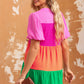 Color Block Buttoned Puff Sleeve Dress