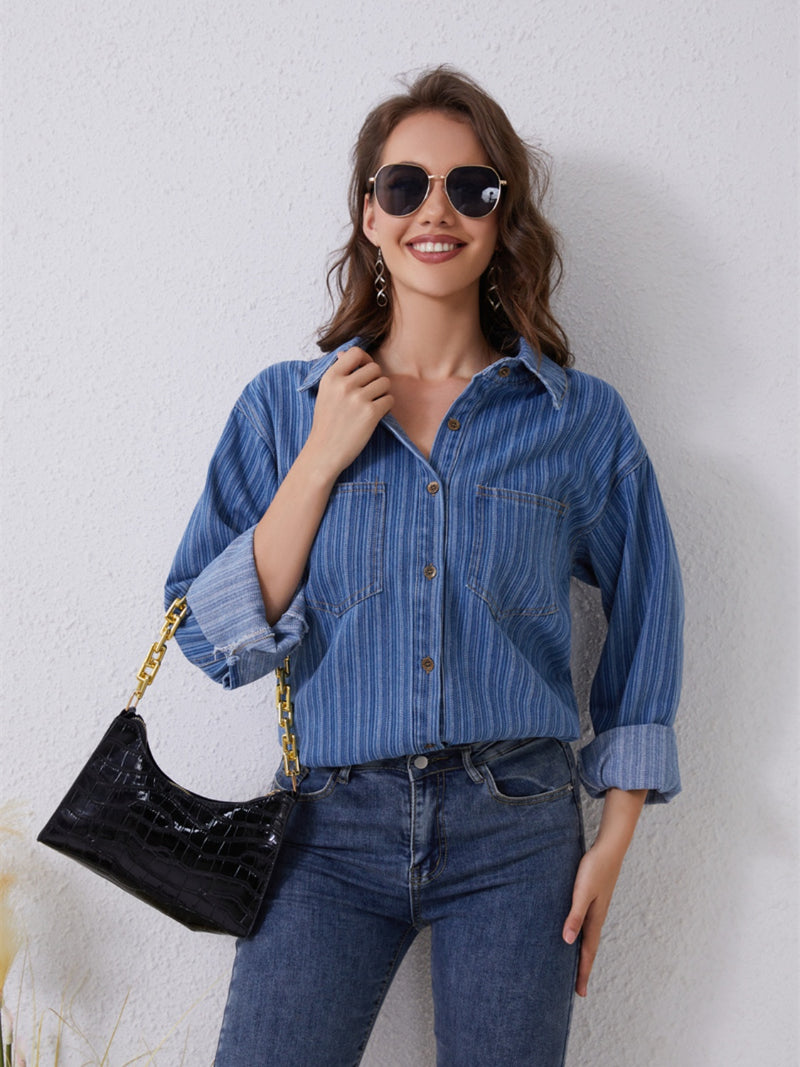 Pocketed Striped Button Up Denim Shirt