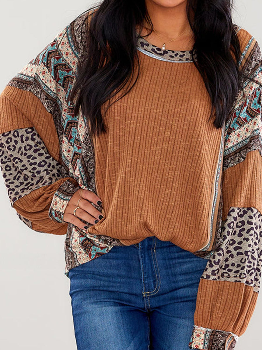 Leopard Round Neck Long Sleeve Sweatshirt Caramel