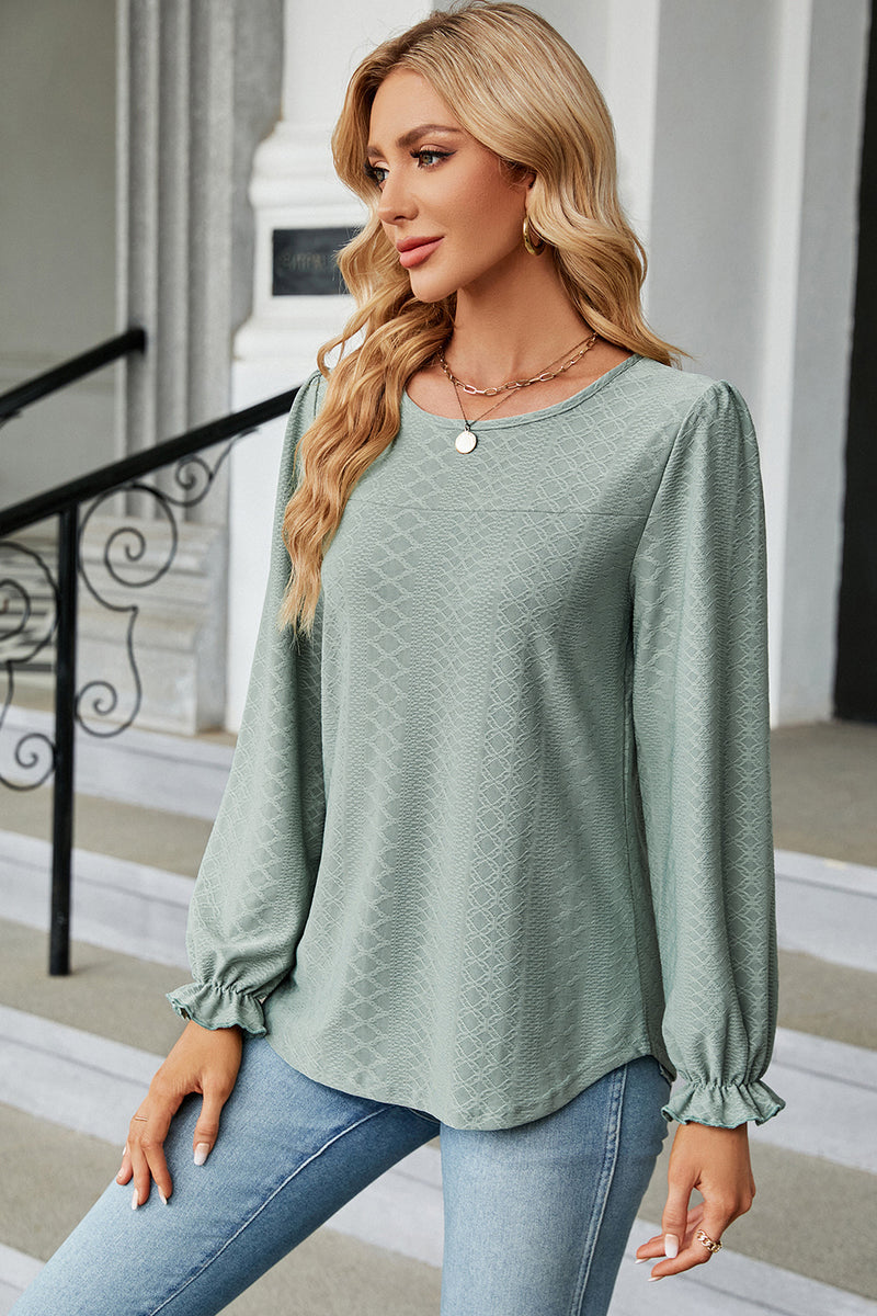 Round Neck Flounce Sleeve T-Shirt Light Green