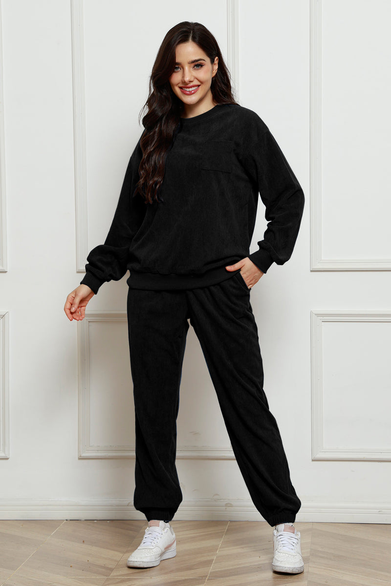 Corduroy Round Neck Sweatshirt and Sweatpants Set Black