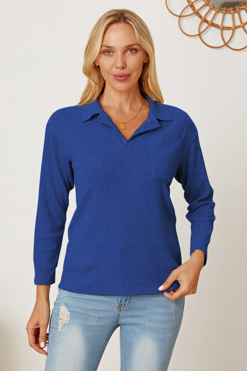 Collared Neck Dropped Shoulder T-Shirt Dark Blue