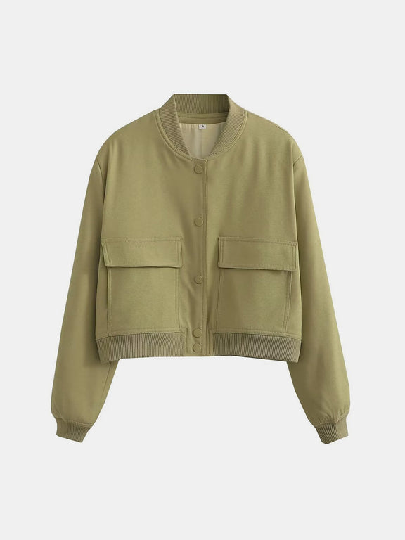Pocketed Snap Down Baseball Collar Jacket Yellow-Green