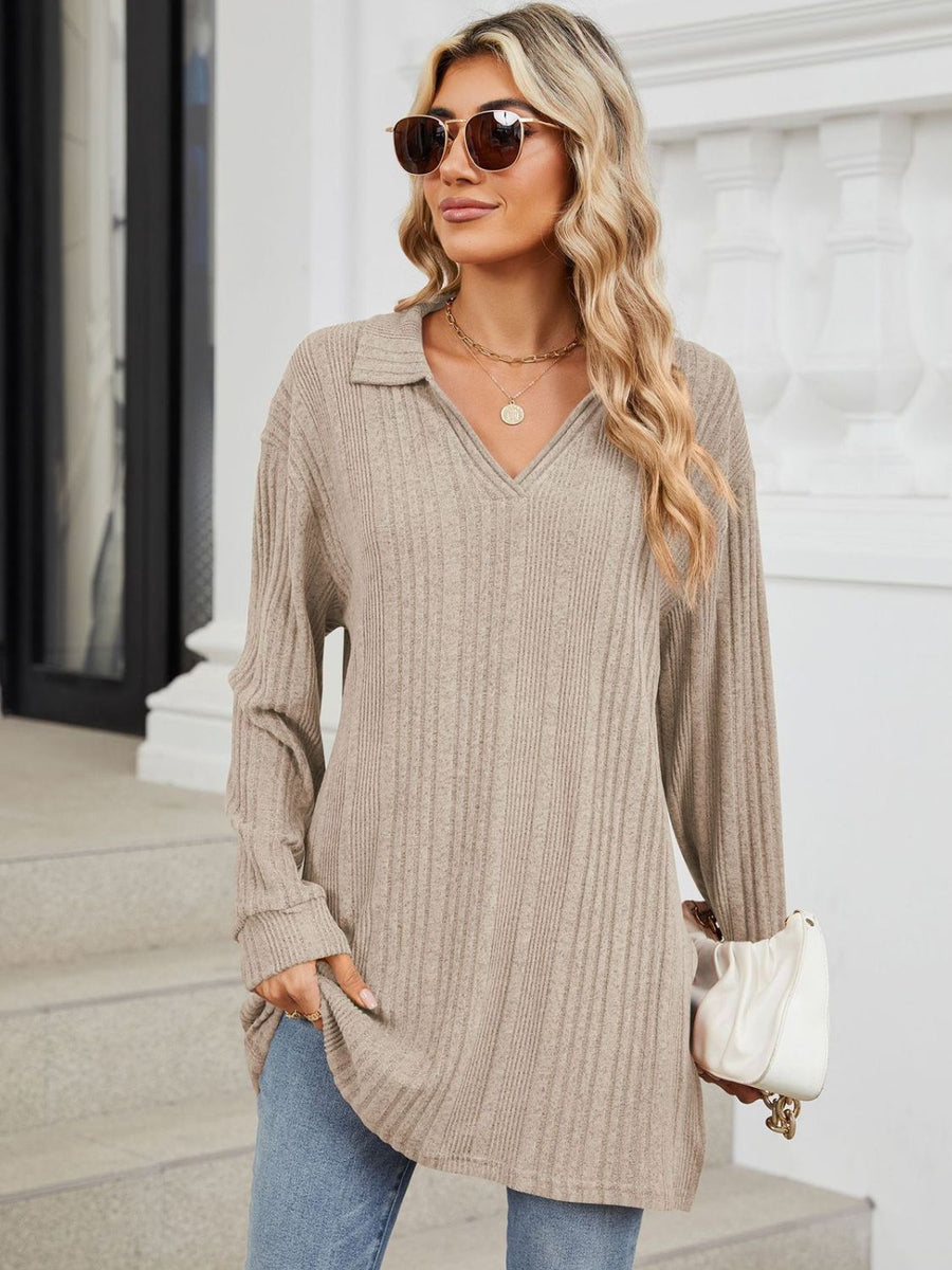 Slit Johnny Collar Long Sleeve T-Shirt Dust Storm