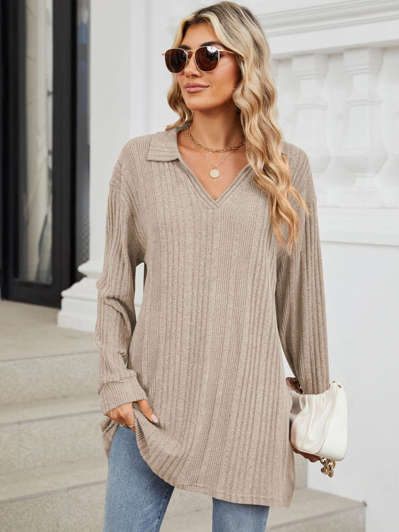Slit Johnny Collar Long Sleeve T-Shirt Dust Storm