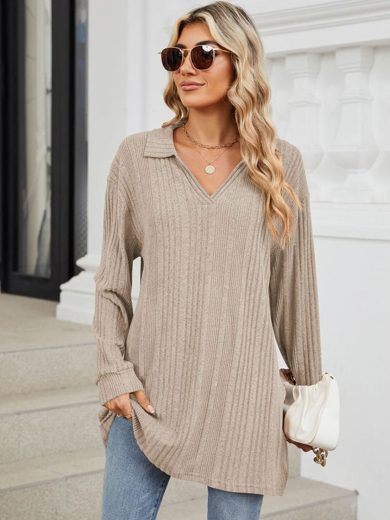 Slit Johnny Collar Long Sleeve T-Shirt Dust Storm