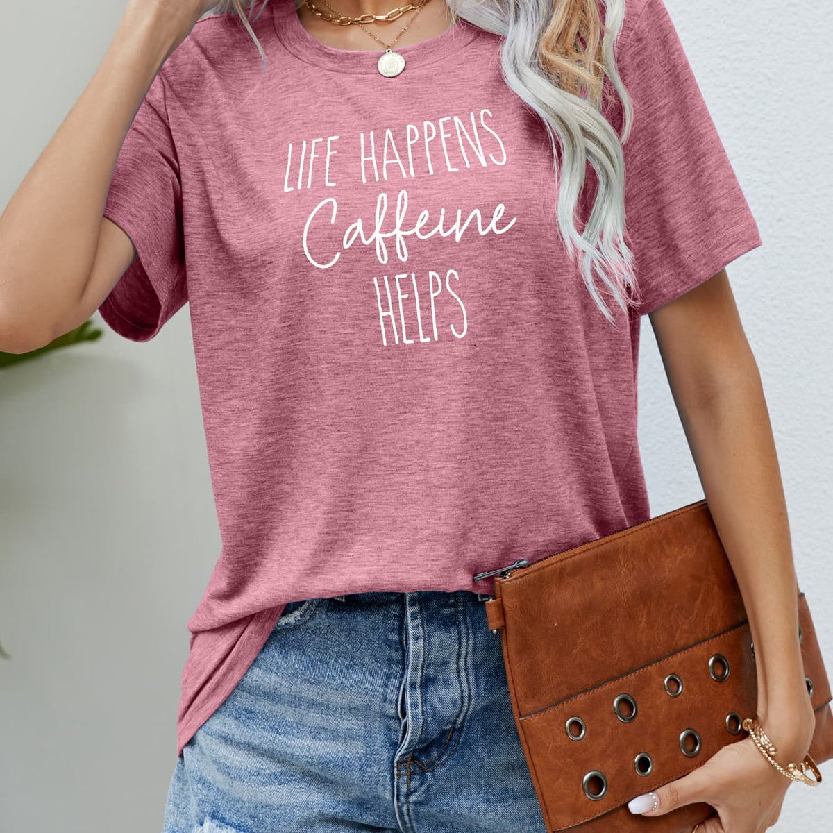 LIFE HAPPENS CAFFEINE HELPS Graphic Tee Light Mauve