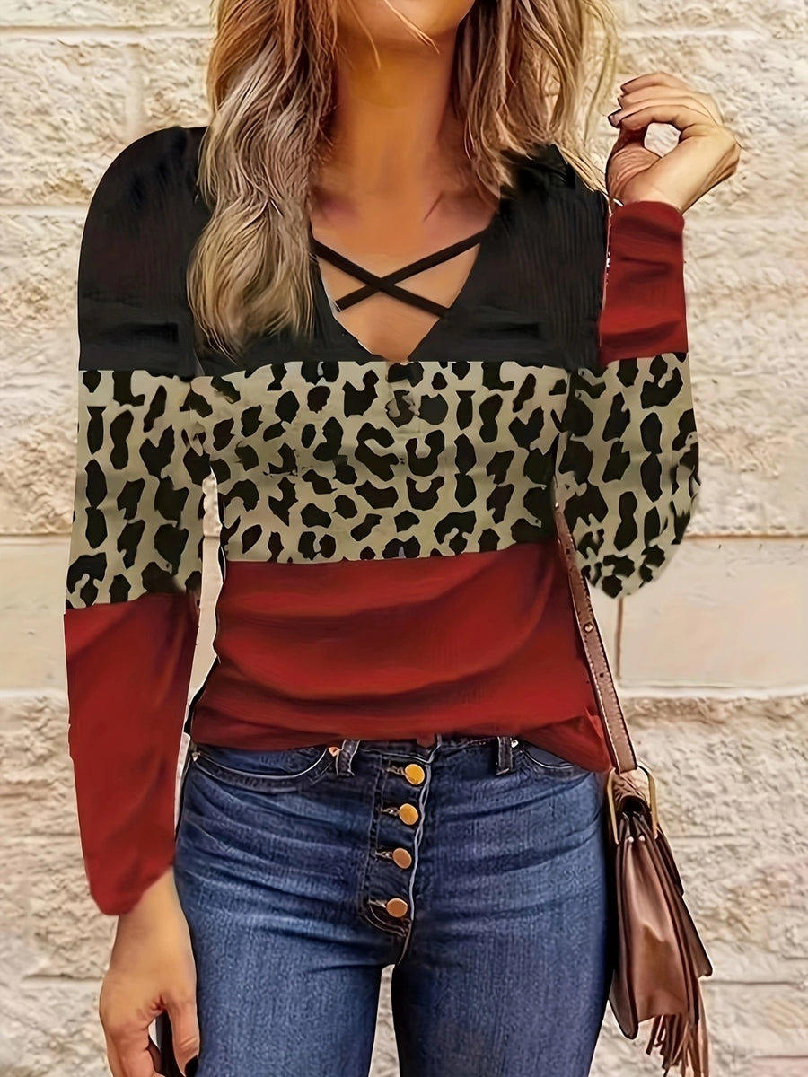 Crisscross Color Block Long Sleeve T-Shirt Deep Red